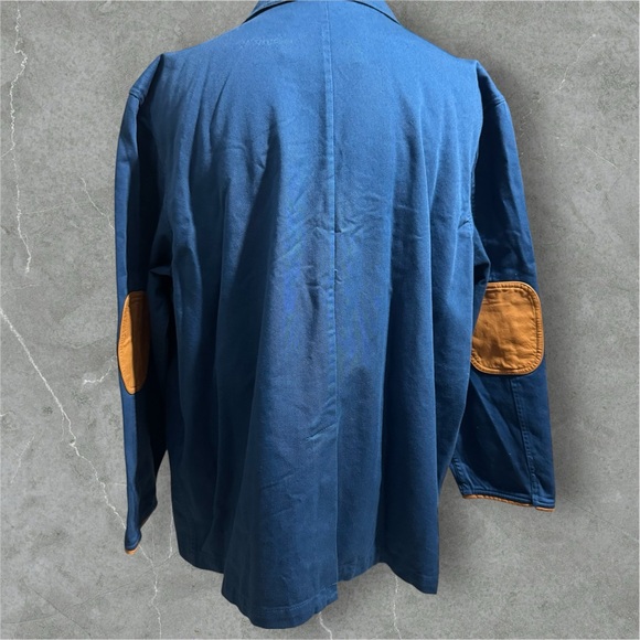 Orvis , Navy jacket with tan leather patch detail . - Picture 4 of 7